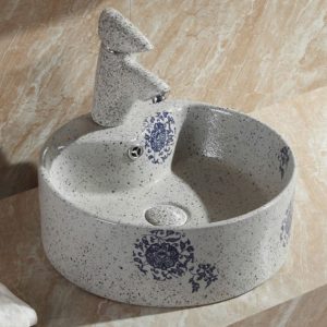 Circular Antique Grey Stone and Blue Flower Pattern Sink